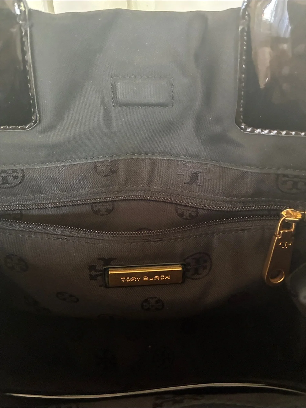 Tory Burch Black Nylon Tote with Patent Trim and Logo